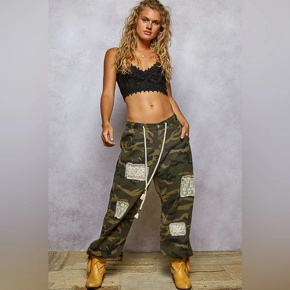 NWT POL Boho Patchwork Relaxed Fit Camo Camouflage Jogger Drawstring Pants - Picture 6 of 10